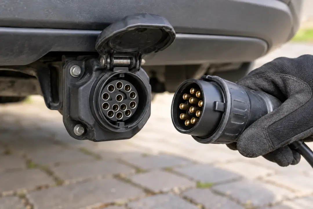 Open towbar electrical socket and matching plug